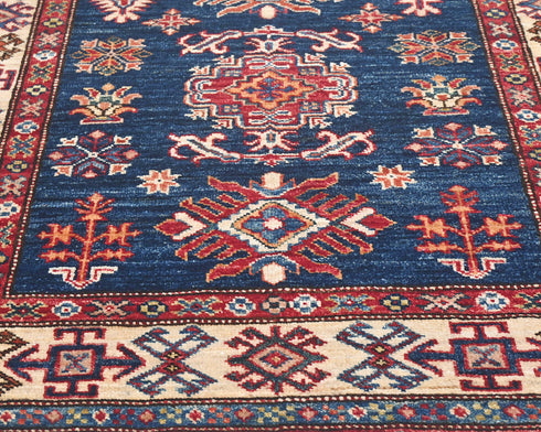 3x5 Blue Kazak Afghan Hand Knotted Geometric Wool Area Rug
